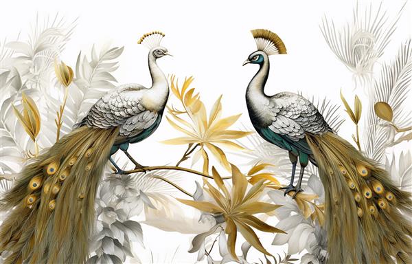 هنر انتزاعی مدرن تصویر گل آبرنگ عناصر طلایی نقاشی آبرنگ کاغذ دیواری کودکانه گیاهان طراحی شده با دست جنگل بارانی استوایی طاووس برگ چاپ کاغذ دیواری پوستر