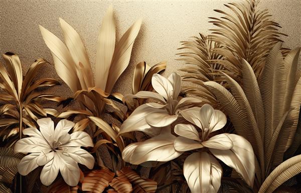 هنر انتزاعی مدرن تصویر گل آبرنگ عناصر طلایی نقاشی آبرنگ کاغذ دیواری کودکانه گیاهان طراحی شده با دست گرمسیری گل برگ چاپ کاغذ دیواری پوستر کارت نقاشی دیواری