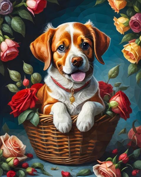 نقاشی سگی که در سبدی با گل رز نشسته است عکس زیبا از سگ ناز با گل رز