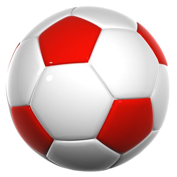 توپ فوتبال سه بعدی چرمی سفید و قرمز جدا شده روی پس زمینه سفید برای طراحی های ورزشی تفریحی فوتبال یا فوتبال