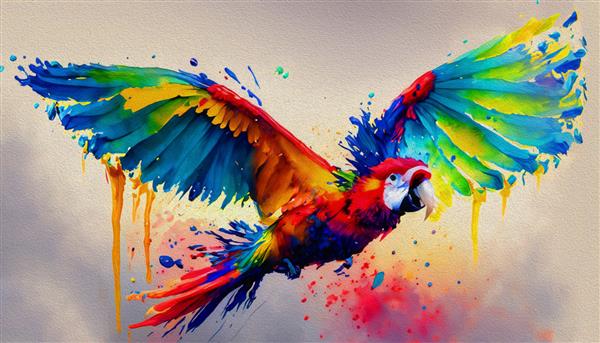 تصویر سه بعدی - طوطی در حال پرواز به بالا در پاشیدن رنگ پرنده باشکوه گرمسیری عجیب و غریب که بال های پهنی را باز می کند نقاشی آب و روغن یک حیوان وحشی نقاشی آبرنگ