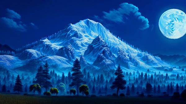 نقاشی رنگ روغن درختان تصویر سه بعدی کوه ها و ماه سفید در پس زمینه تیره