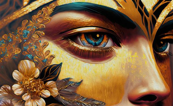 نقاشی رنگ روغن - جفت چشم زیبای زنانه با گل هایی به رنگ طلایی مسی و برنزی و جلوه متالیک بافت نقاشی دیجیتال