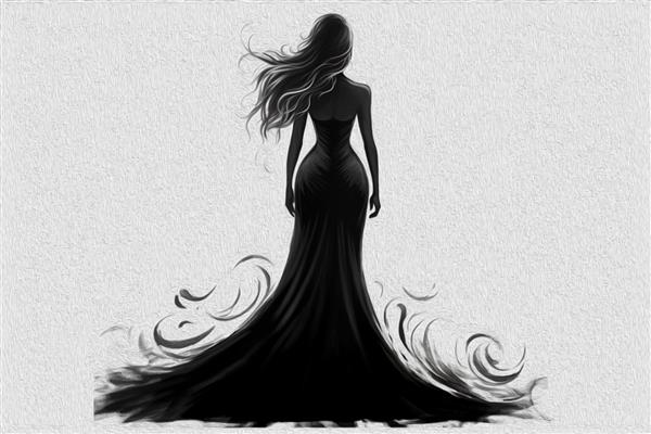 تصویر شبح یک دختر زیبا از پشت در یک لباس بلند مشکی و سرسبز زیبا