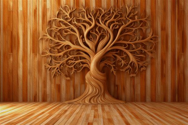 تصویر سه بعدی دیوار چوبی و درخت سه بعدی پرآذین را نشان می دهد