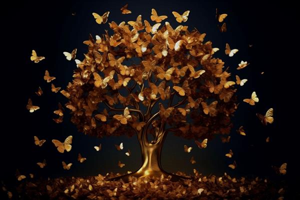 رندر هنری سه بعدی تصویرسازی پس زمینه تیره درخت طلایی برجسته با گل پروانه های طلایی