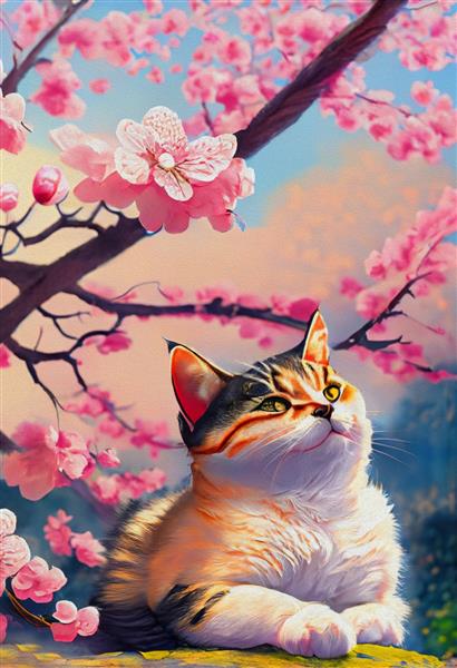 پرتره یک گربه اصیل زیبای کرکی با چشمان سبز روی پس زمینه شکوفه های گیلاس روی پس زمینه رنگی نقاشی رنگ روغن