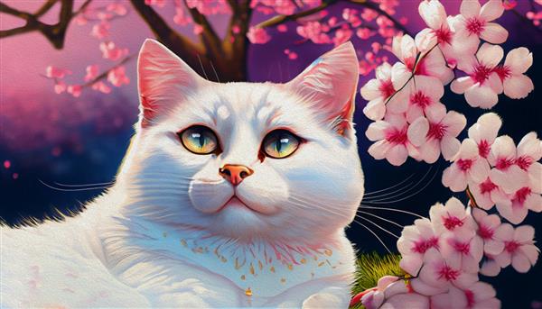 پرتره گربه سه رنگ زیبا و زیبای کرکی با چشمان درخشان روی پس زمینه شکوفه های گیلاس سفید روی پس زمینه رنگی نقاشی رنگ روغن