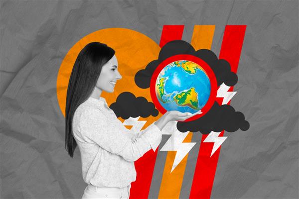 پوستر بنر کلاژ تصویر طرحی از زن مثبت که مینی کره را در دست دارد سیاره مراقبت از طبیعت جدا شده بر روی پس زمینه نقاشی شده را کشف کنید