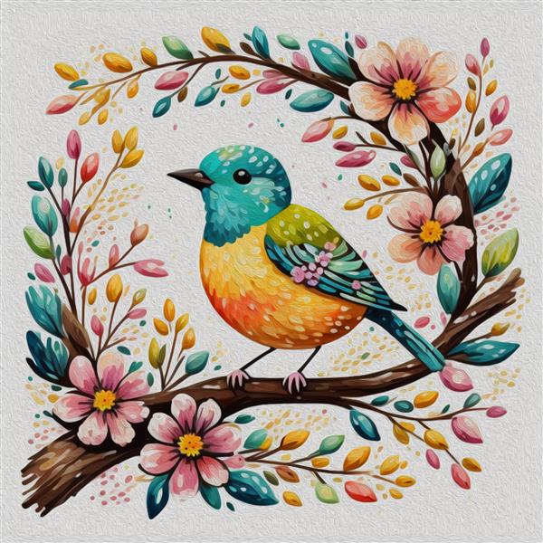 تصویر زیبای بهاری با پرنده ای که روی شاخه نشسته است گل نقاشی های هنر مدرن با قلم مو روی بوم
