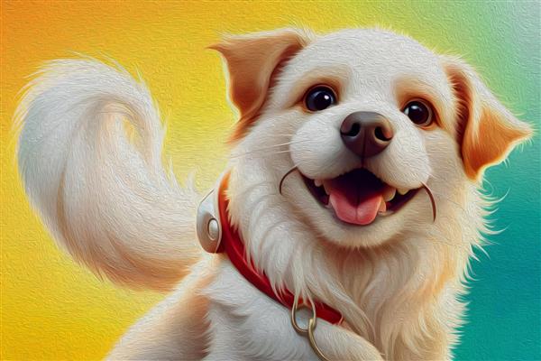 نقاشی سه‌بعدی توله سگ کاوائی سفید کرکی با زبان قرمزی که از دهانش بیرون زده و لبخند بزرگی روی صورتش بازیگوشانه روی پس‌زمینه زرد ایستاده است