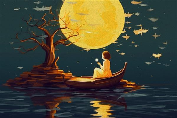 نقاشی دیجیتالی گرافیکی دختر تنها نشسته روی شاخه های درخت در حال خواندن کتاب بر فراز آسمان شب پر ستاره غول ماه کامل زرد رنگ قایق کاغذی در اقیانوس شناور است ایده آزادی آرامش شادی سفر رویا