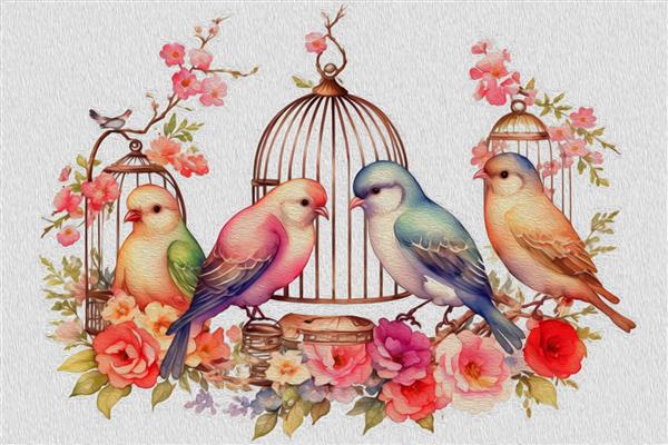 نقاشی دستی با آبرنگ پرندگانی که در قفسی با گل نشسته اند تصویر جدا شده روی پس زمینه سفید