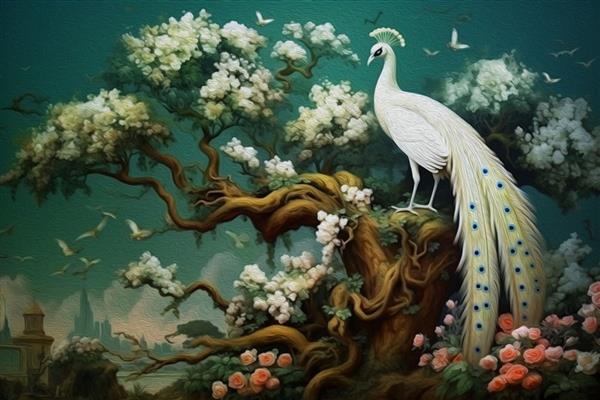 تصویر رندر هنر سه بعدی کاغذ دیواری طاووس روی درخت با درخت گل
