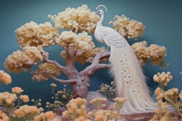 تصویر رندر هنر سه بعدی کاغذ دیواری طاووس روی درخت با درخت گل