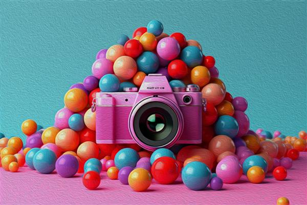 رندر هنری سه بعدی دوربین آبی که توسط توپ های رنگارنگ در پس زمینه صورتی احاطه شده است