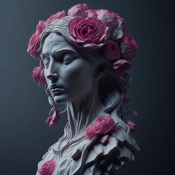 هنر سه بعدی مجسمه زن باستانی سنگ شکسته سفید سبک خوبی یونانی رومی دسته گل صورتی مجسمه سر در پس زمینه خاکستری