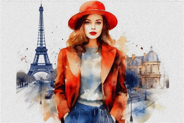 زن زیبای پاریسی با آبرنگ تصویر جدا شده روی سفید