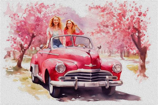 تصویر آبرنگ پس زمینه زیبای بهاری تصویر دختران جوان در یک شهر شکوفا زنان در یک ماشین یکپارچهسازی با پس‌زمینه پارک شکوفه‌های گیلاس صورتی