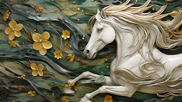 کاغذ دیواری سه بعدی کلاسیک گل و اسب سبز سفید تصویر سه بعدی