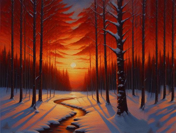 منظره جنگلی زمستانی جنگل برفی در غروب سرخ نقاشی رنگ روغن برای کارت پستال