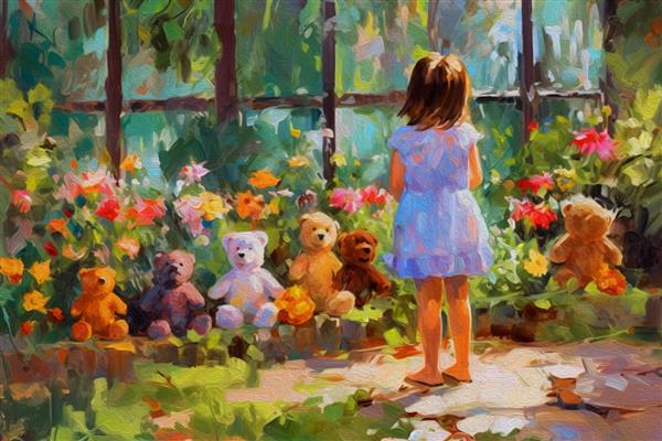 نقاشی اکریلیک دختر ناز کودک خرس عروسکی در دست ایستاده و به باغ زیبا نگاه می کند درختان رنگارنگ و زیبایی طبیعت بهار