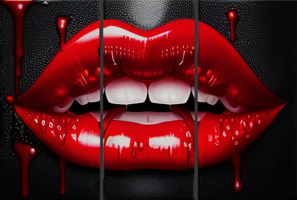نقاشی رنگ روغن مدرن لب های زن خون آشام سکسی با خون مد طراحی هنری هالووین Glamour چکیدن خون روی دهان مجموعه نقاشی برای دکوراسیون و داخلی هنر بوم