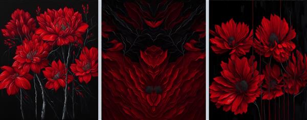 مجموعه ای از نقاشی های رنگ روغن طراحان دکوراسیون داخلی هنر انتزاعی مدرن روی بوم مجموعه ای از تصاویر با بافت ها و رنگ های مختلف گل قرمز در پس زمینه سیاه
