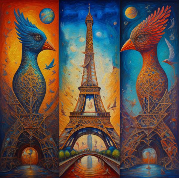 نقاشی رنگ روغن اصلی برج ایفل در پاریس و پرنده برای طراحی داخلی دکوراسیون داخلی هنر انتزاعی مدرن روی بوم مجموعه ای از نقاشی در مجموعه طراح