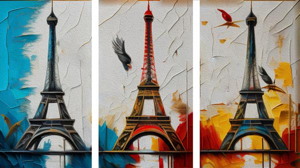 نقاشی رنگ روغن اصلی برج ایفل در پاریس و پرنده برای طراحی داخلی دکوراسیون داخلی هنر انتزاعی مدرن روی بوم مجموعه ای از نقاشی در مجموعه طراح