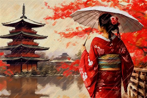 نقاشی دیجیتال با رنگ اکریلیک سفر ژاپن - نقطه عطف مشهور جهان و دختر زیبای آسیایی با پوشیدن کیمونوی سنتی ژاپنی نقاشی شده با دست