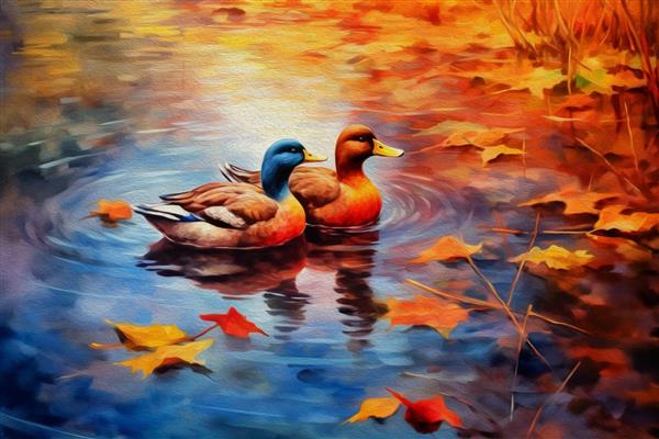 نقاشی آبرنگ دو اردک اردک اردک بر روی آب در حوض تیره با برگ های شناور پاییزی یا پاییزی نمای بالا طبیعت زیبای پاییزی