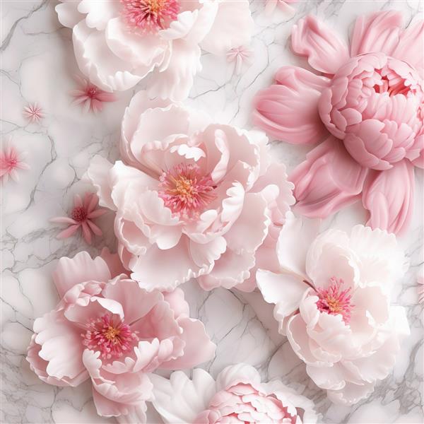 گل های سه بعدی سفید و صورتی زیبا روی سنگ مرمر سفید