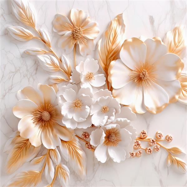 گل های سه بعدی سفید و طلایی زیبا روی سنگ مرمر سفید