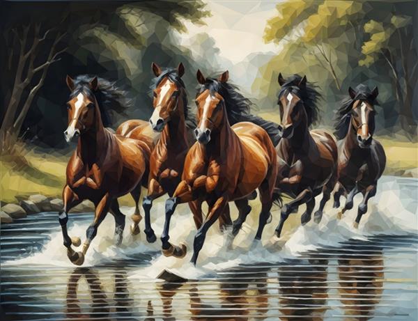 گروهی از اسب ها در حال دویدن در عرض رودخانه اسب های در حال دویدن تصویر زیبا از اسب ها