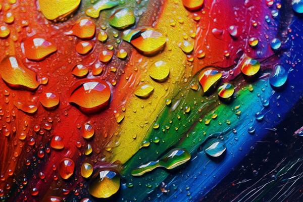 نقاشی رنگ روغن از نزدیک قطرات آب با رنگین کمان رنگارنگ