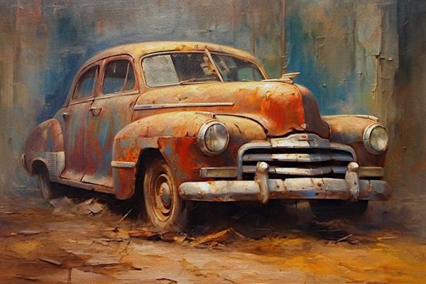 نقاشی رنگ روغن ماشین زنگ زده قدیمی