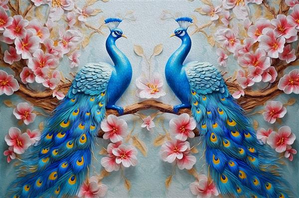 کاغذ دیواری سه بعدی نقاشی رنگ روغن شاخه درخت با گل نقاشی رنگ روغن دو طاووس