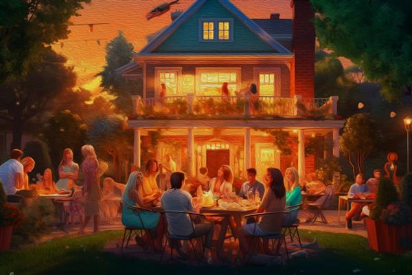 نقاشی رنگ روغن گروهی از مردم که سرگرم می شوند داستان ها را با یکدیگر به اشتراک می گذارند و در مهمانی شام در فضای باز غذا می خورند دوستان خانواده بیرون جمع شدند