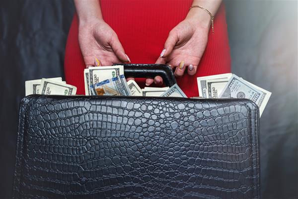 زنی نزدیک با لباس قرمز که کیف پر از دلار در دست دارد مفهوم کارگر زن دارای رشوه و پولشویی بود