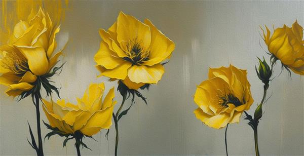 نقاشی رنگ روغن با گل رز برگ طلا پس زمینه چاپ گیاه شناسی روی بوم - سه تایی در داخل هنر