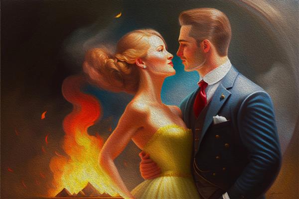 نقاشی رنگ روغن زوج در حال سوختن در آتش