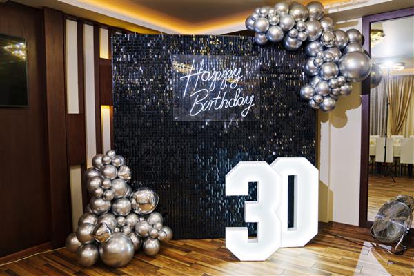 کتیبه Happy Birthday از LED و چراغی به شکل نوار شماره 30 در پس زمینه دیواری از پولک دوزی ساخته شده است دکوراسیون برای مهمانی