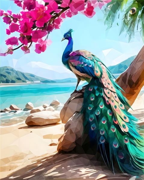 عکس زیبا از طاووس نقاشی یک طاووس در ساحل با یک گل صورتی در سمت راست