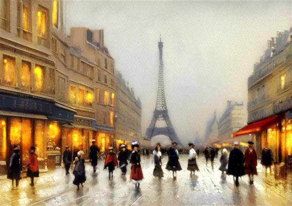 منظره نقاشی رنگ روغن نمای شبانه شهر شهر آثار هنری هنرهای زیبا مردمی که در خیابان راه می‌روند پاریس قدیمی