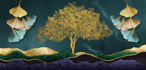 کاغذ دیواری نقاشی دیواری سه بعدی بر روی بوم مدرن منظره ماه درختان طلایی و برگ های جینکو با کوه های رنگارنگ