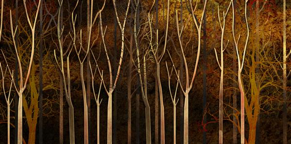 والپیپر هنر منظره جنگلی با تصویر سه بعدی درختان طلایی در پس زمینه تیره