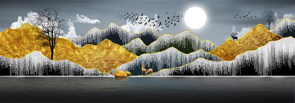 تصویر سه بعدی از گوزن طلا در کوه هنر انتزاعی و کاغذ دیواری