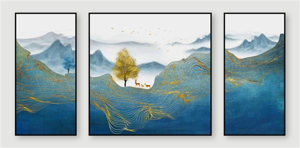 پس زمینه هنر منظره چینی مدرن انتزاعی درخت جوهر کوه طلا سه گانه هنر منظره