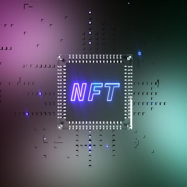 مفهوم NFT سبک سایبرپانک نمایندگی توکن غیر قابل تعویض چراغ های نئون بنفش و آبی تراشه NFT در پس زمینه انتزاعی کامپیوتر تصویرسازی سه بعدی